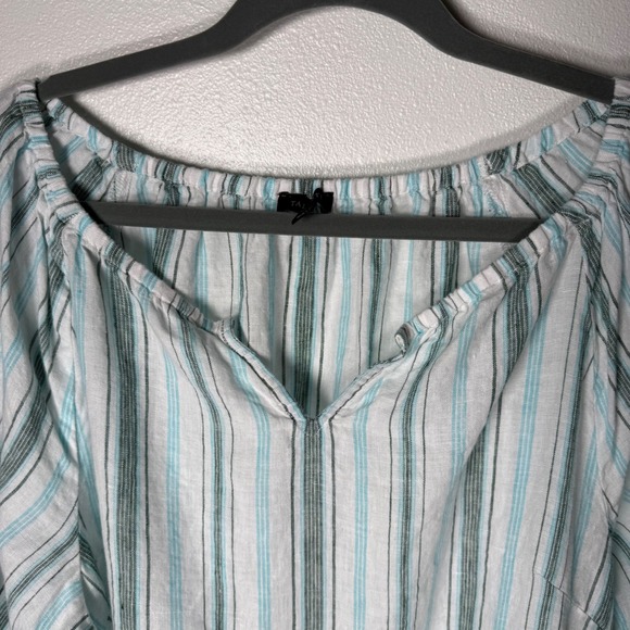 Talbots 100% Linen Striped Peasant Top L Teal Green Split V-Neck Boho Coastal - Picture 5 of 9